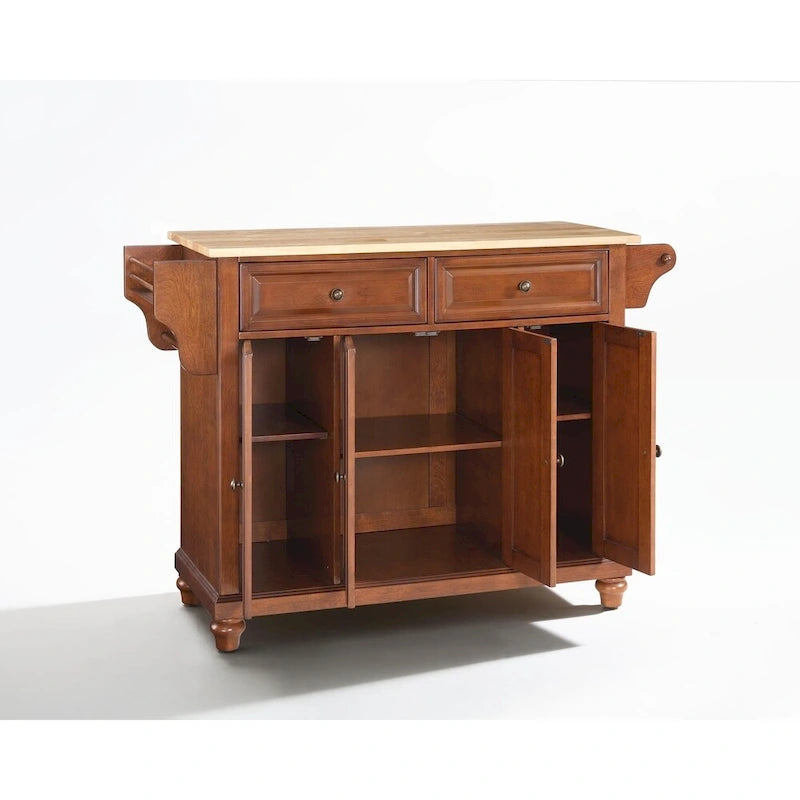 Natural Wood Top Kitchen Island with Drawers and Adjustable Shelves