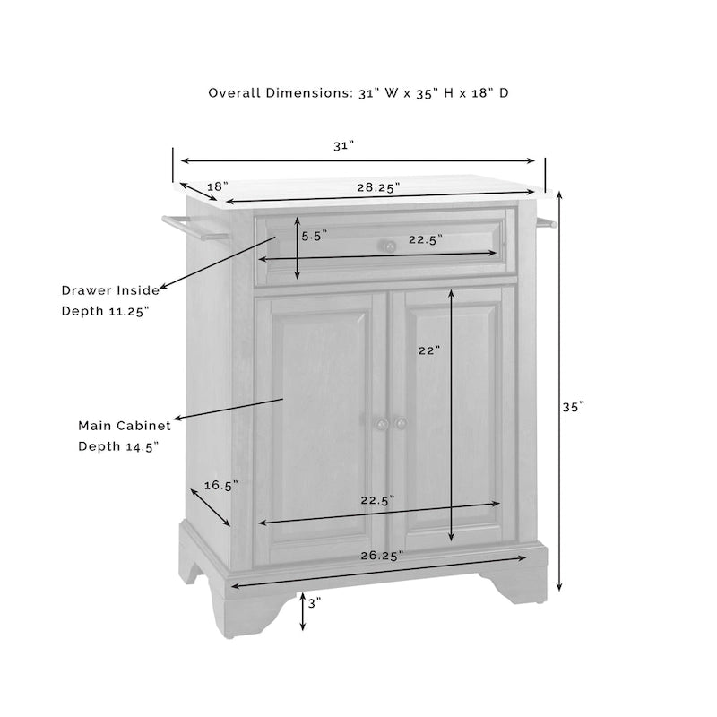 White Granite Top Portable Kitchen Island Cart - 31W x 18D x 35.5H