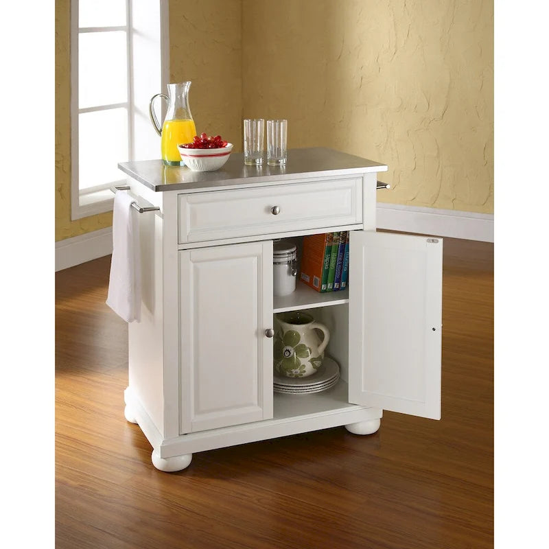 White Wood Portable Kitchen Island with Stainless Steel Top