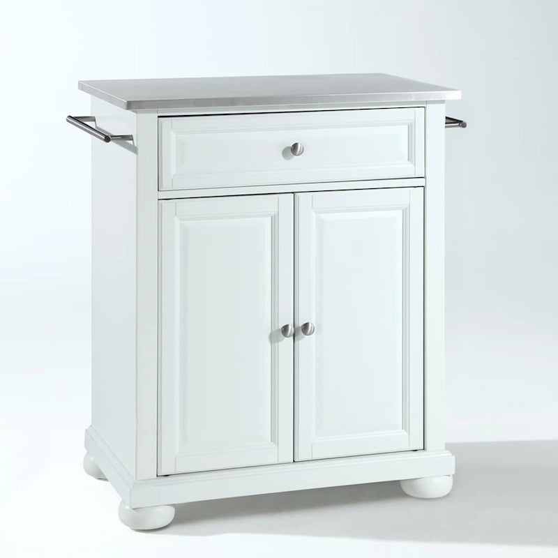 White Wood Portable Kitchen Island with Stainless Steel Top