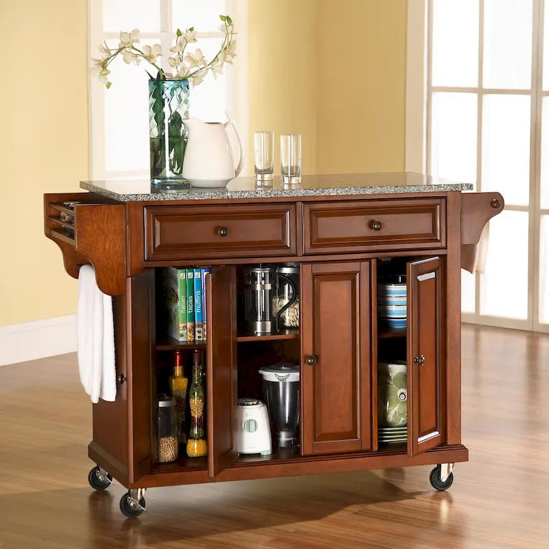 Granite Top Kitchen Cart in Cherry - 18" D x 51.5" W x 36" H