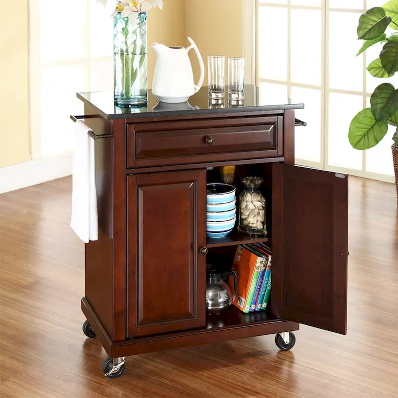 Rolling Kitchen Cart with Black Granite Top in Mahogany Brown