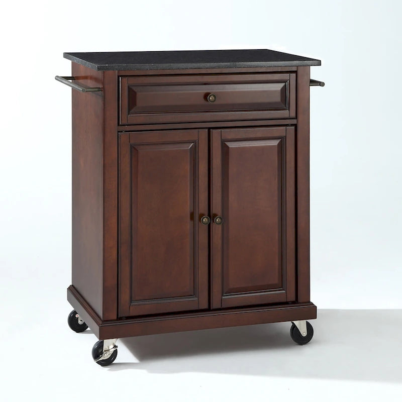 Rolling Kitchen Cart with Black Granite Top in Mahogany Brown