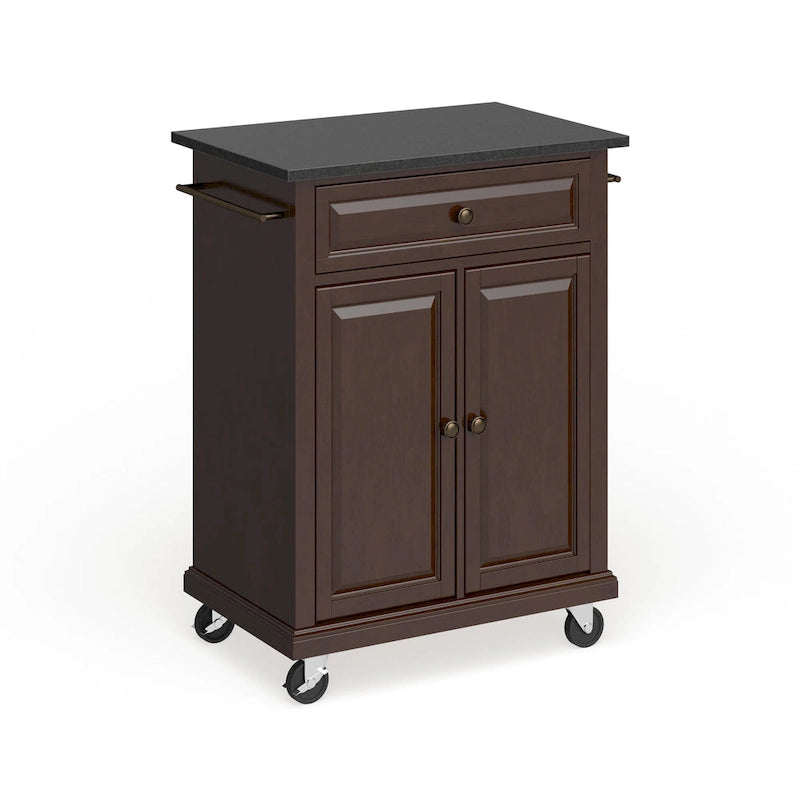 Rolling Kitchen Cart with Black Granite Top in Mahogany Brown