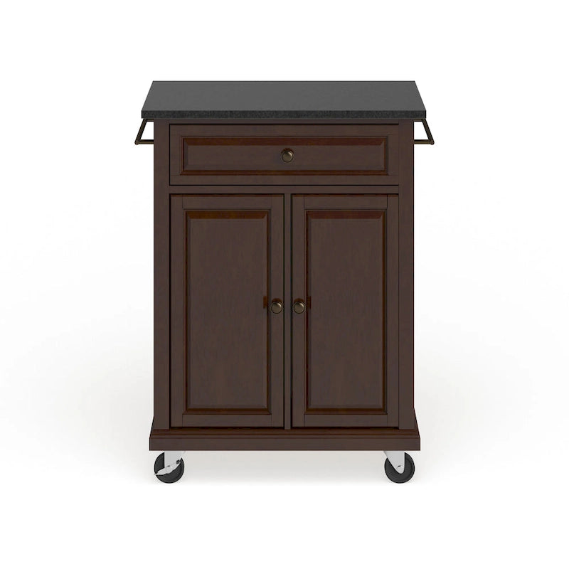 Rolling Kitchen Cart with Black Granite Top in Mahogany Brown