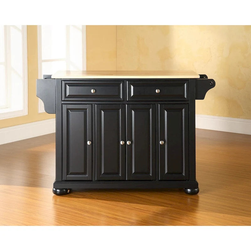 Natural Wood Top Kitchen Island with Storage in Black