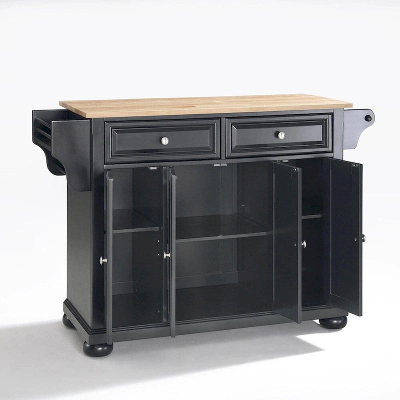 Natural Wood Top Kitchen Island with Storage in Black