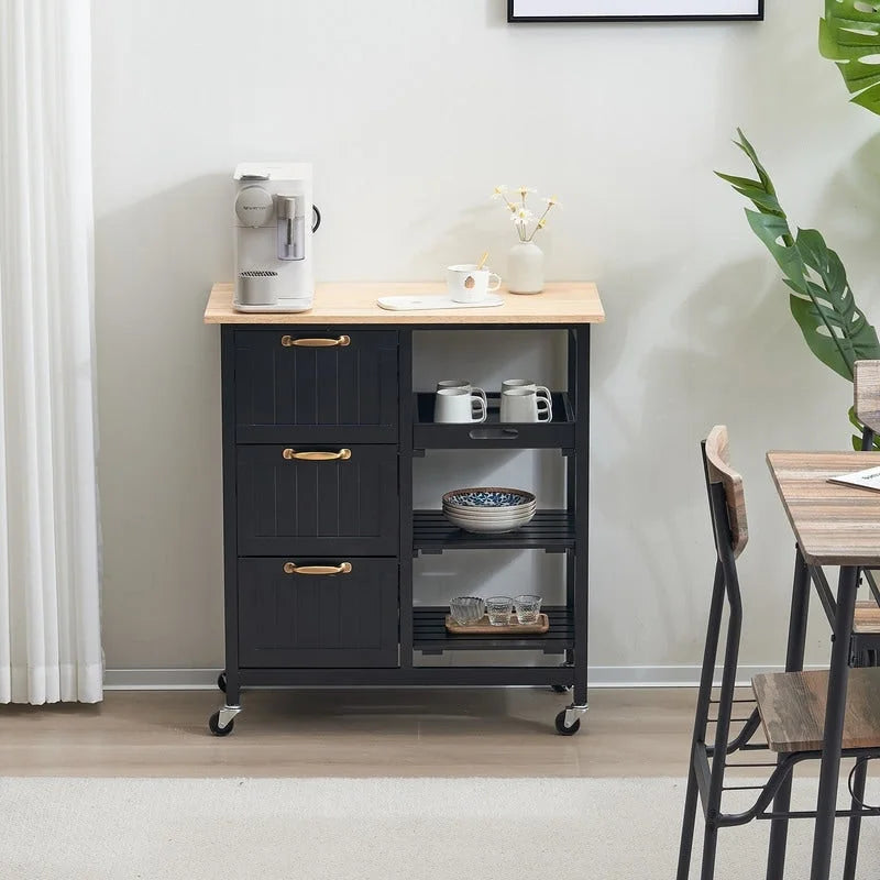 Rolling Kitchen Cart with Three Drawers and Wood Top