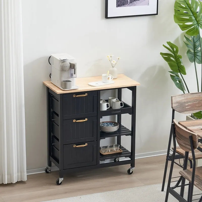 Rolling Kitchen Cart with Three Drawers and Wood Top