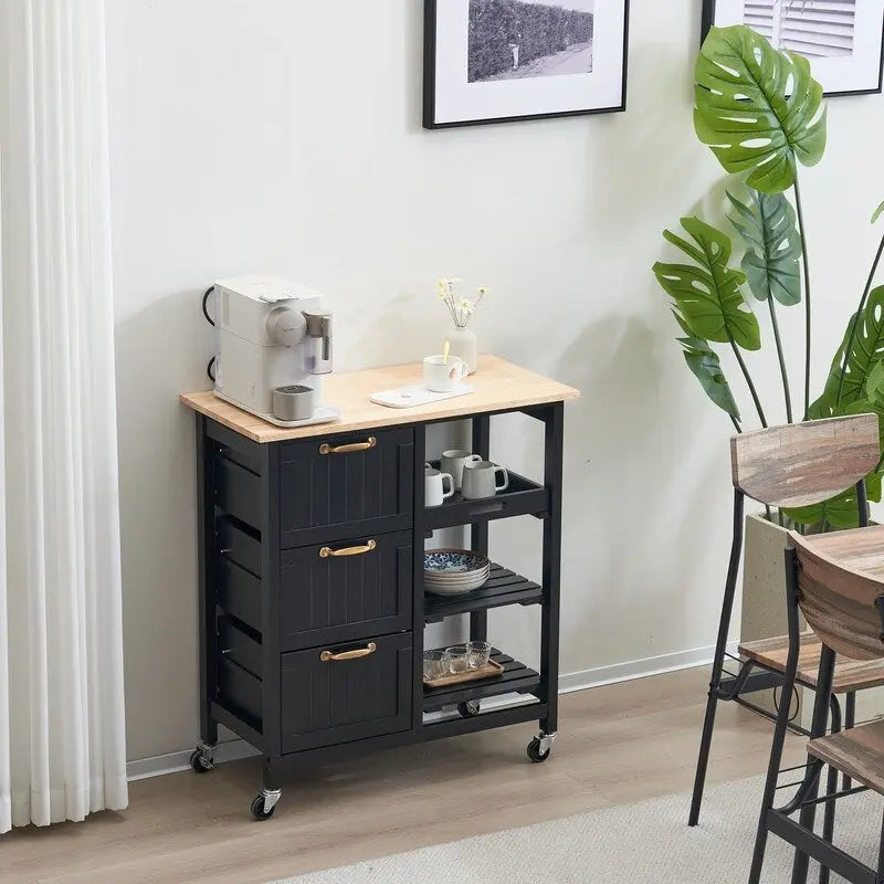 Rolling Kitchen Cart with Three Drawers and Wood Top