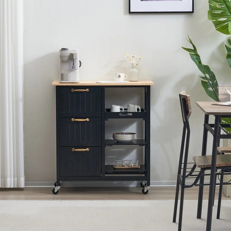 Rolling Kitchen Cart with Three Drawers and Wood Top