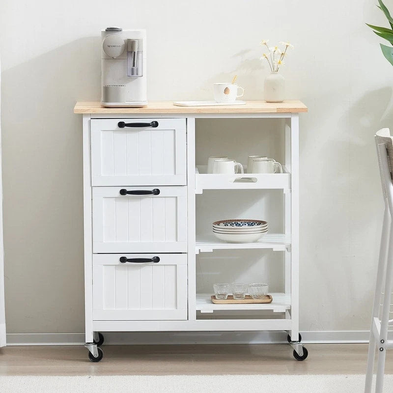 Rolling Kitchen Cart with Three Drawers and Wood Top