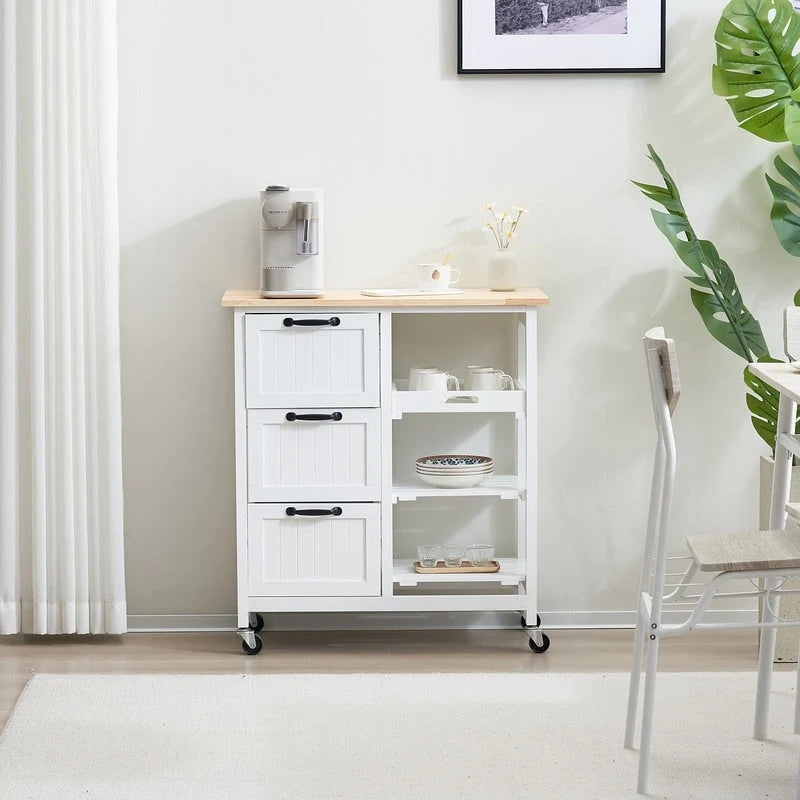 Rolling Kitchen Cart with Three Drawers and Wood Top