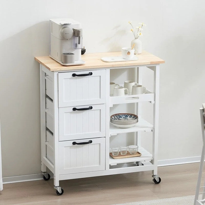 Rolling Kitchen Cart with Three Drawers and Wood Top