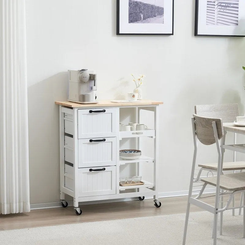 Rolling Kitchen Cart with Three Drawers and Wood Top