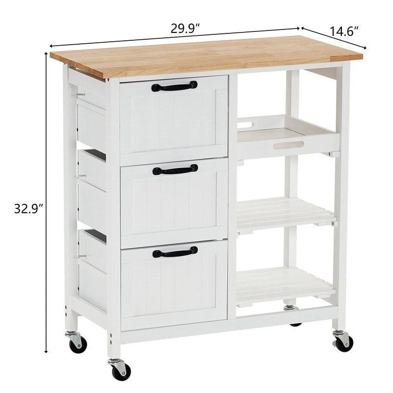 Rolling Kitchen Cart with Three Drawers and Wood Top