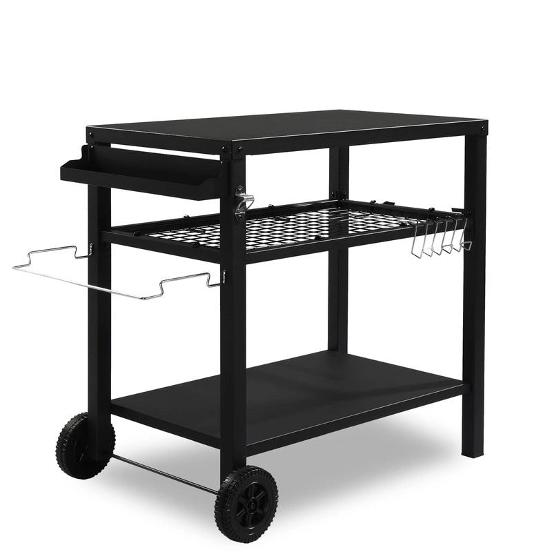 Outdoor Grill Cart with Three Shelves, Two Wheels & Hooks