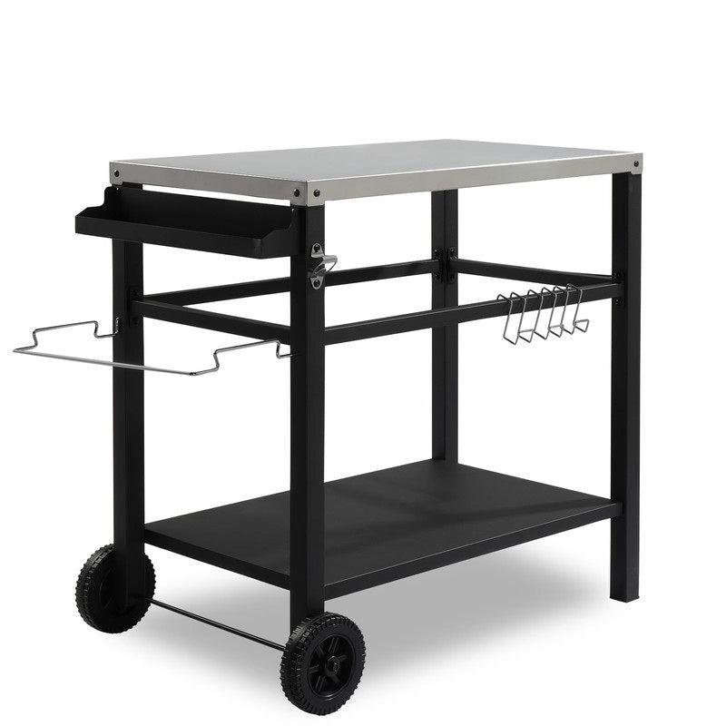 Outdoor Grill Cart with Three Shelves, Two Wheels & Hooks