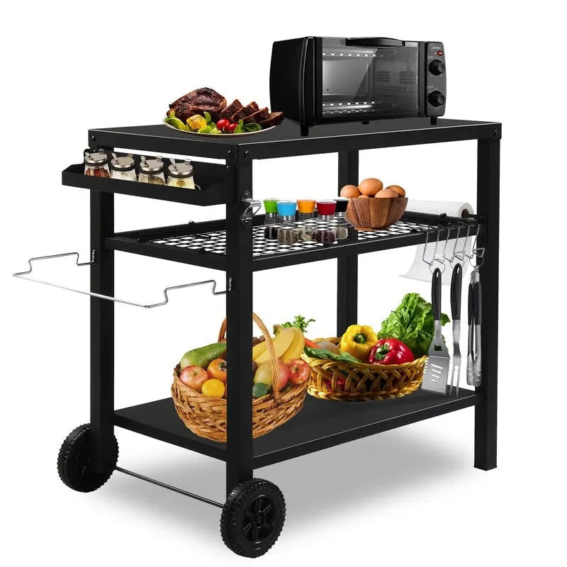 Outdoor Grill Cart with Three Shelves, Two Wheels & Hooks