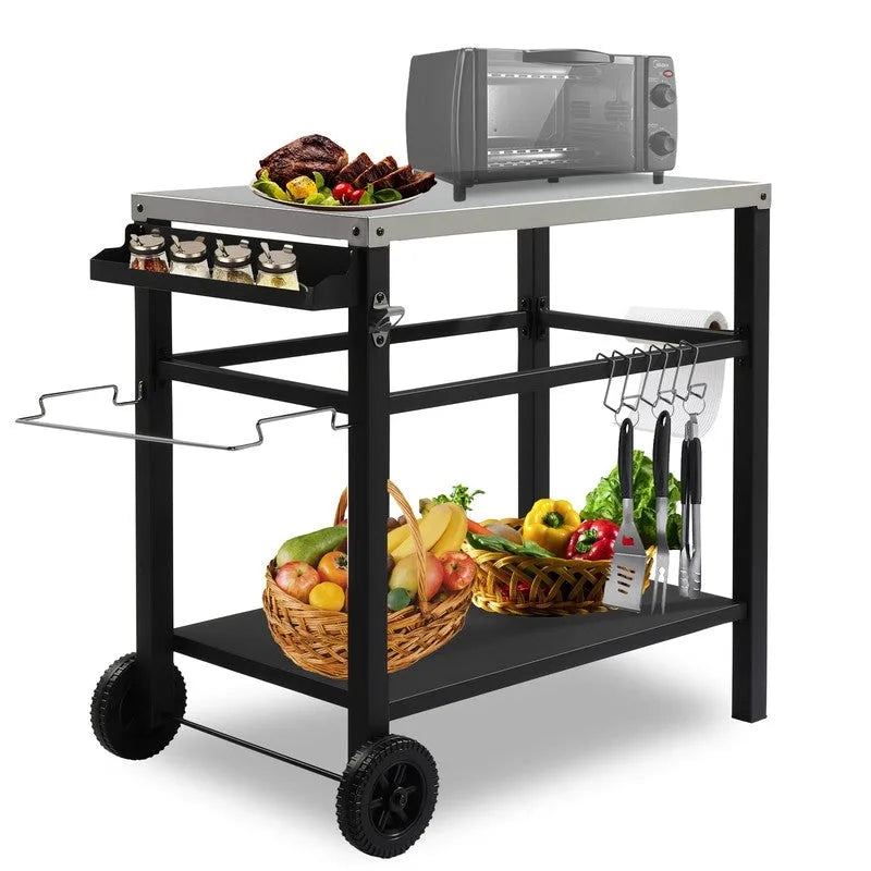 Outdoor Grill Cart with Three Shelves, Two Wheels & Hooks