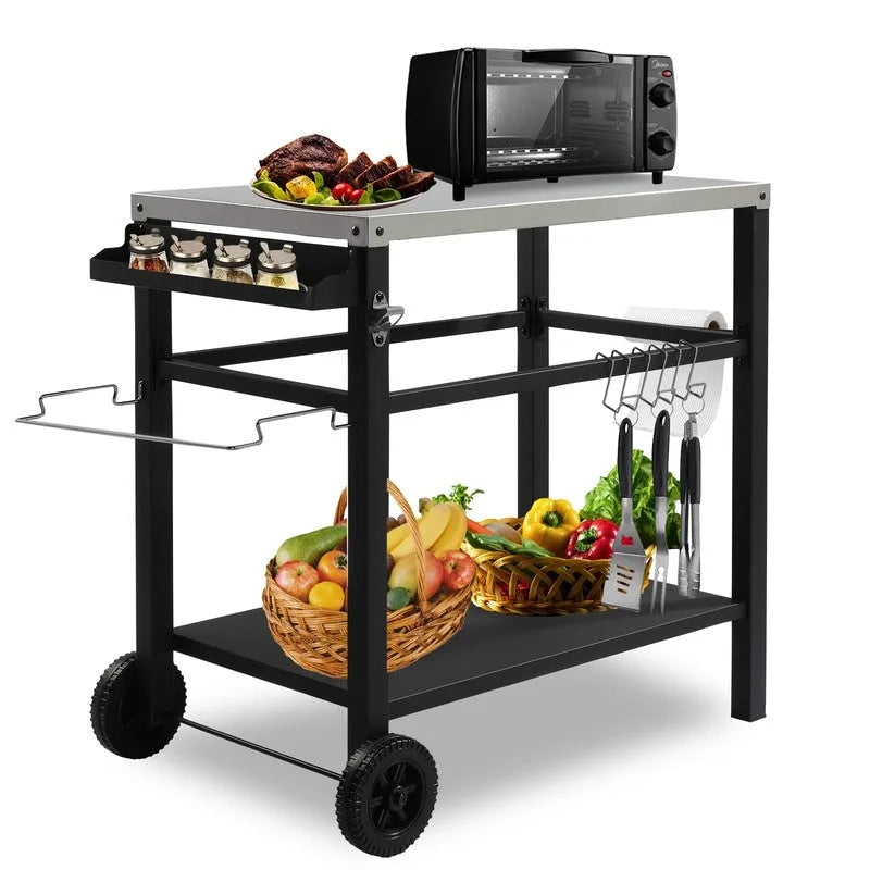 Outdoor Grill Cart with Three Shelves, Two Wheels & Hooks