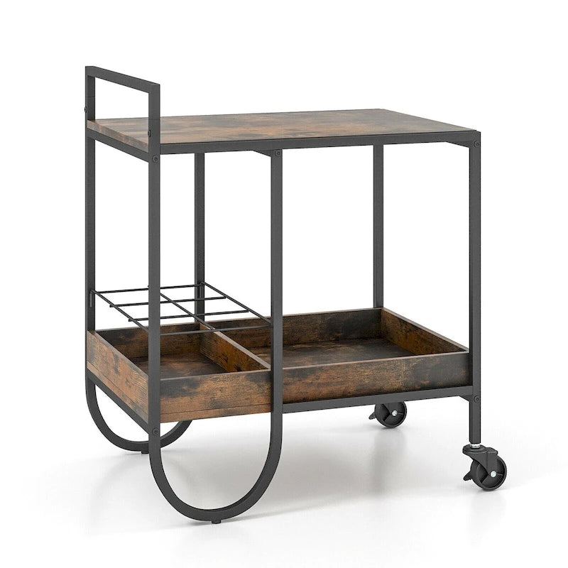 Rustic Brown Rolling Serving Cart with Removable Wine Rack