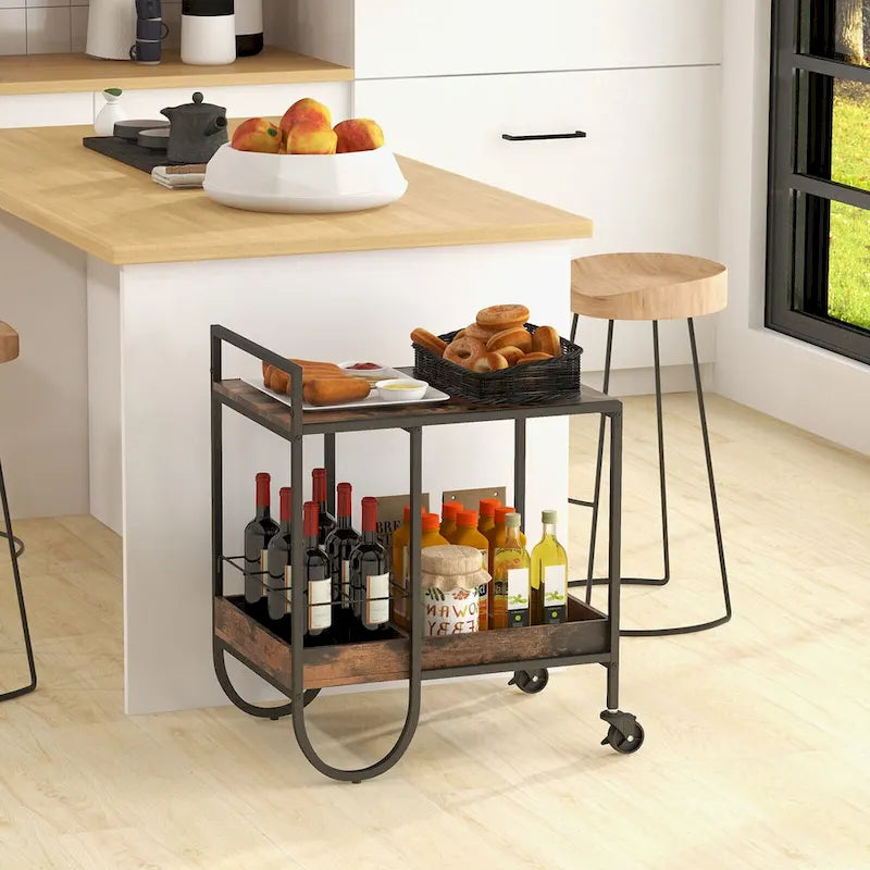 Rustic Brown Rolling Serving Cart with Removable Wine Rack
