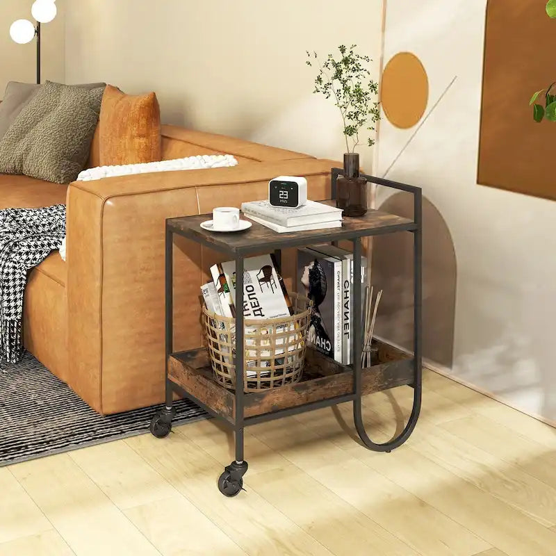 Rustic Brown Rolling Serving Cart with Removable Wine Rack