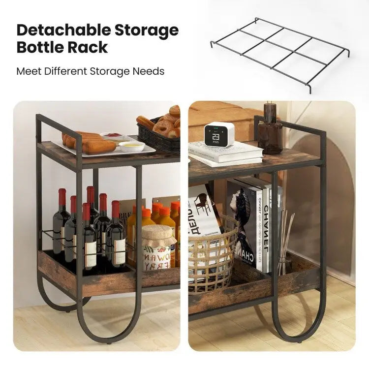 Rustic Brown Rolling Serving Cart with Removable Wine Rack