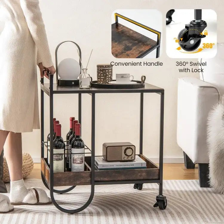 Rustic Brown Rolling Serving Cart with Removable Wine Rack