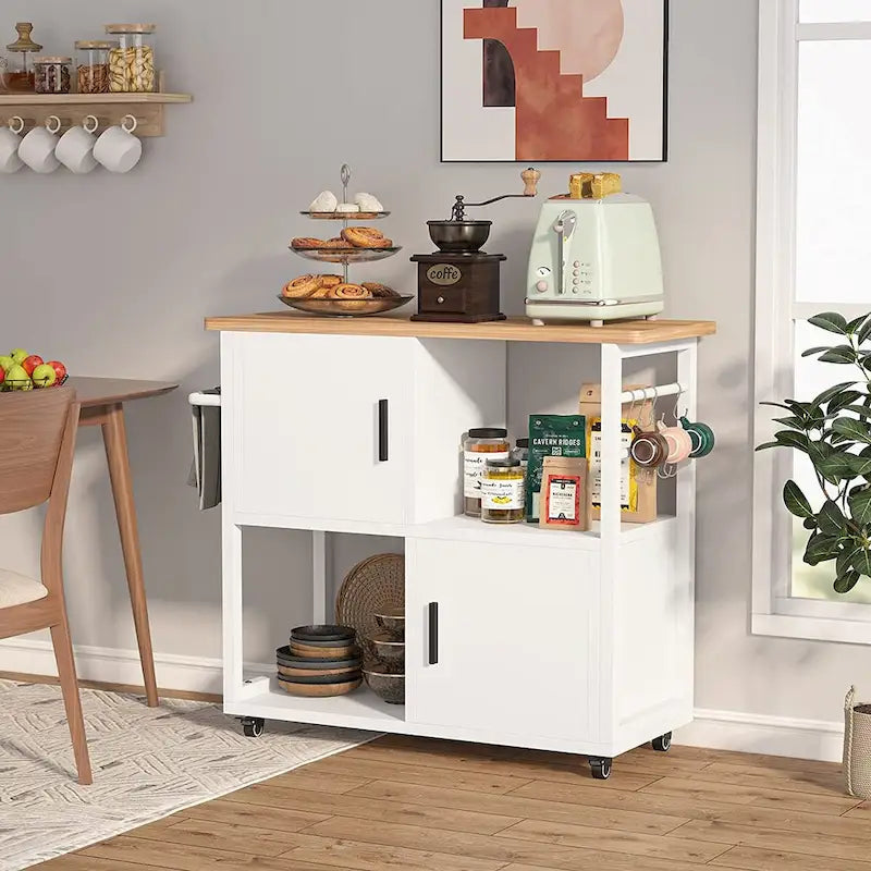 White Kitchen Island Cart with Wheels, Towel Rack and Storage
