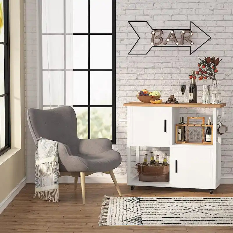 White Kitchen Island Cart with Wheels, Towel Rack and Storage