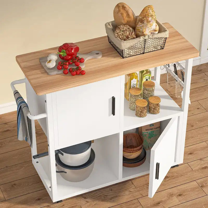White Kitchen Island Cart with Wheels, Towel Rack and Storage