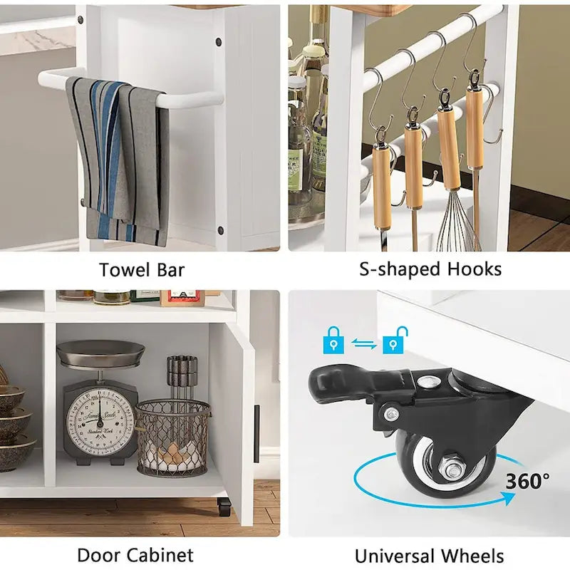 White Kitchen Island Cart with Wheels, Towel Rack and Storage