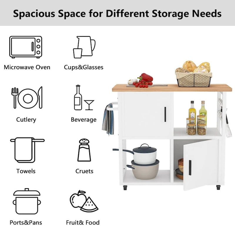 White Kitchen Island Cart with Wheels, Towel Rack and Storage