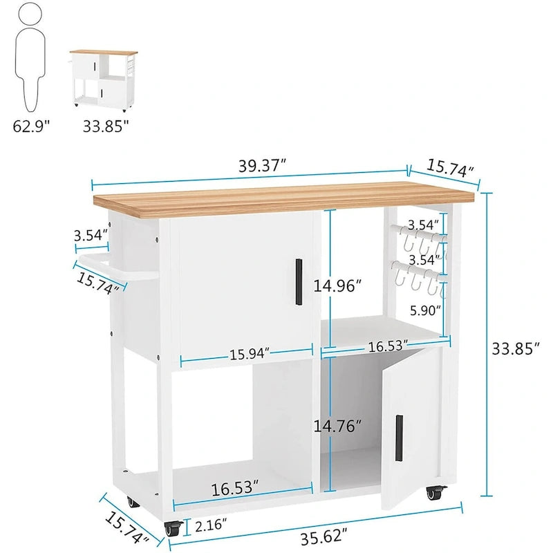 White Kitchen Island Cart with Wheels, Towel Rack and Storage