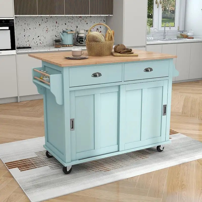 Rubberwood Drop-Leaf Kitchen Cart with 2 Drawers and Sliding Door