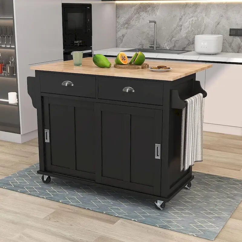 Rubberwood Drop-Leaf Kitchen Cart with 2 Drawers and Sliding Door
