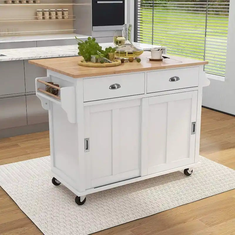Rubberwood Drop-Leaf Kitchen Cart with 2 Drawers and Sliding Door