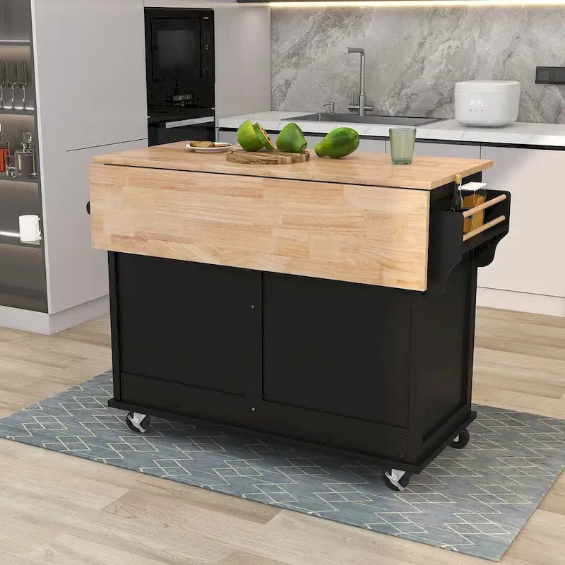 Rubberwood Drop-Leaf Kitchen Cart with 2 Drawers and Sliding Door
