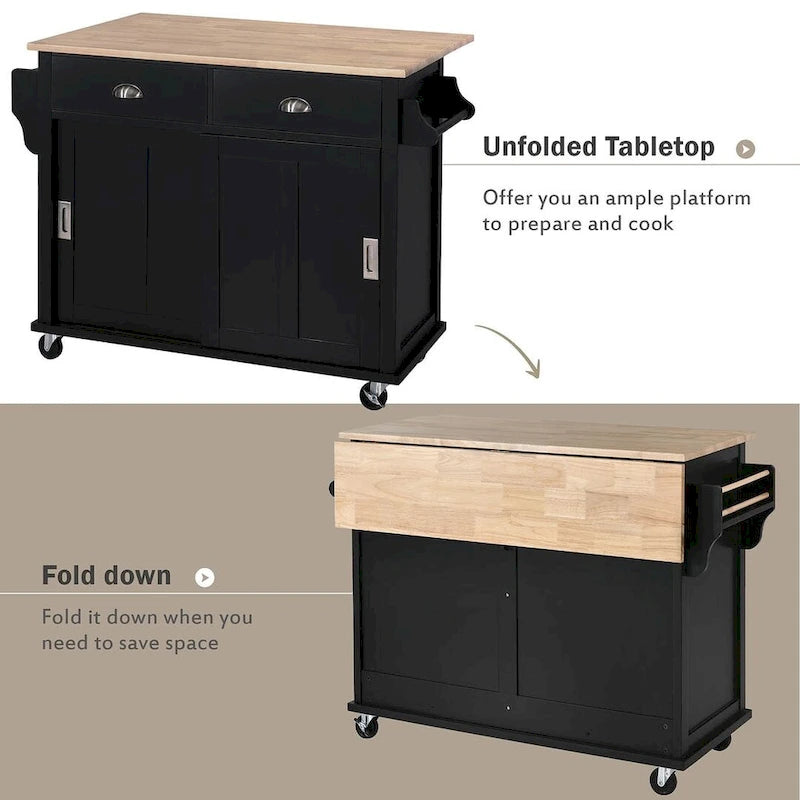 Rubberwood Drop-Leaf Kitchen Cart with 2 Drawers and Sliding Door