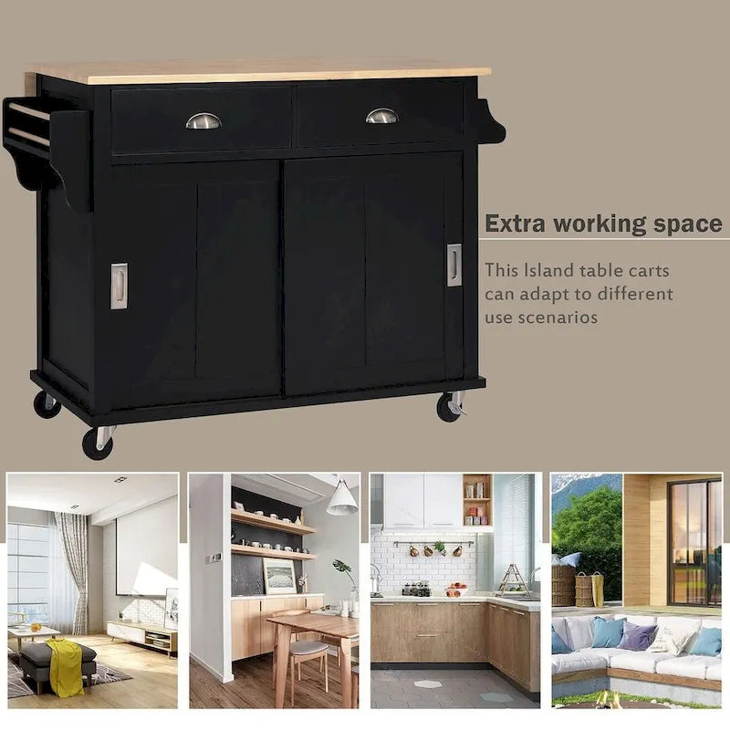 Rubberwood Drop-Leaf Kitchen Cart with 2 Drawers and Sliding Door