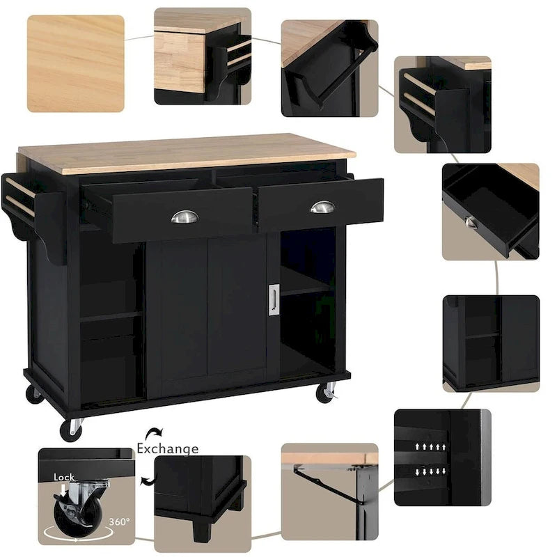 Rubberwood Drop-Leaf Kitchen Cart with 2 Drawers and Sliding Door