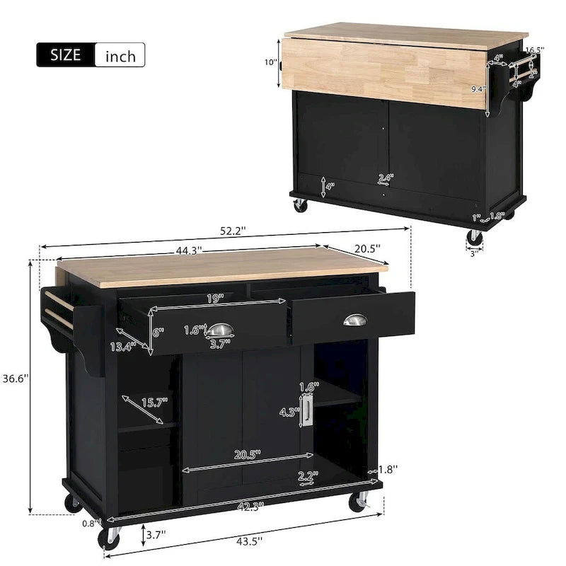 Rubberwood Drop-Leaf Kitchen Cart with 2 Drawers and Sliding Door