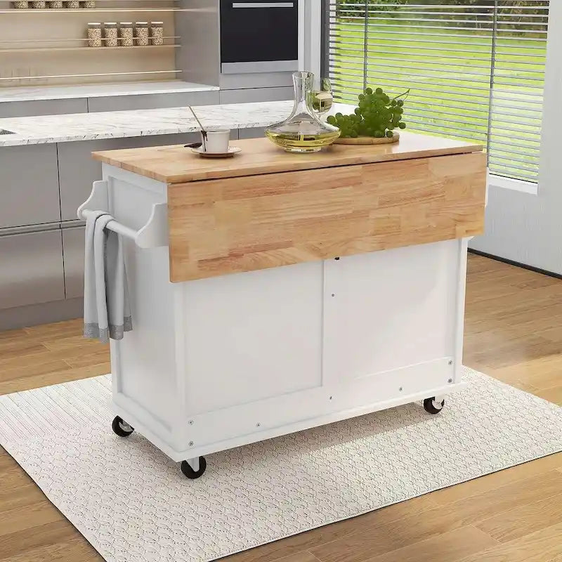 Rubberwood Drop-Leaf Kitchen Cart with 2 Drawers and Sliding Door