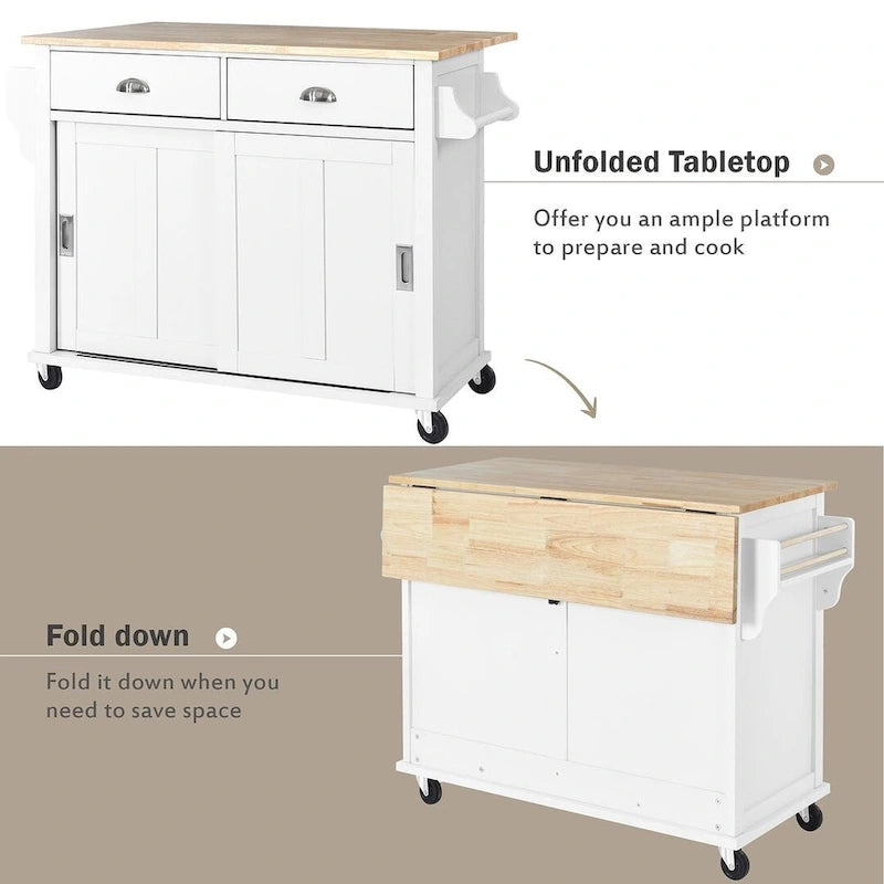 Rubberwood Drop-Leaf Kitchen Cart with 2 Drawers and Sliding Door