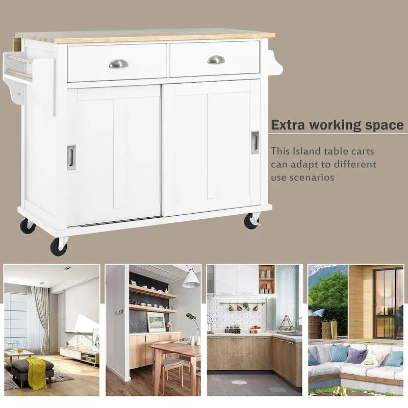 Rubberwood Drop-Leaf Kitchen Cart with 2 Drawers and Sliding Door