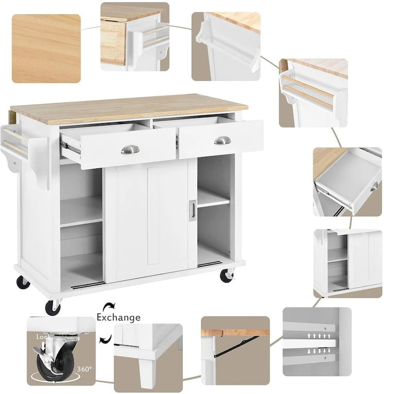 Rubberwood Drop-Leaf Kitchen Cart with 2 Drawers and Sliding Door