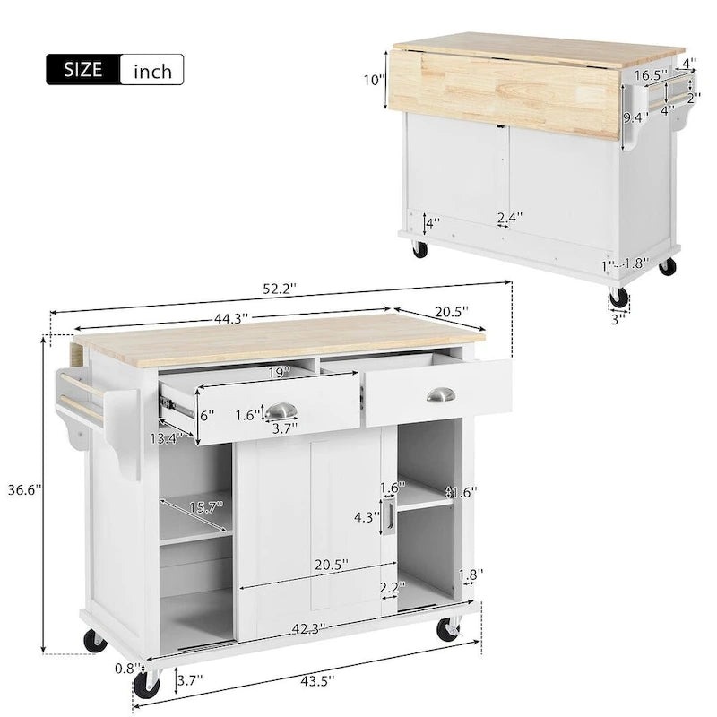 Rubberwood Drop-Leaf Kitchen Cart with 2 Drawers and Sliding Door