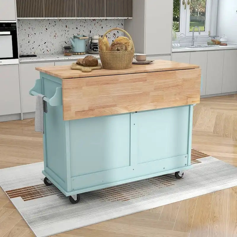 Rubberwood Drop-Leaf Kitchen Cart with 2 Drawers and Sliding Door